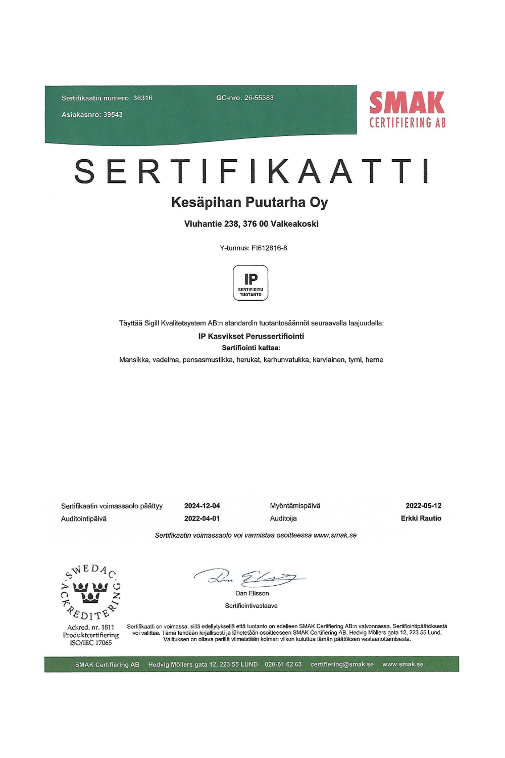 IP sertifikaatti Kasvikset
